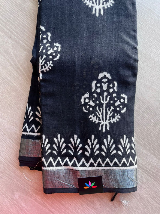 Handblock Printed Linen Cotton Saree-11171-11172