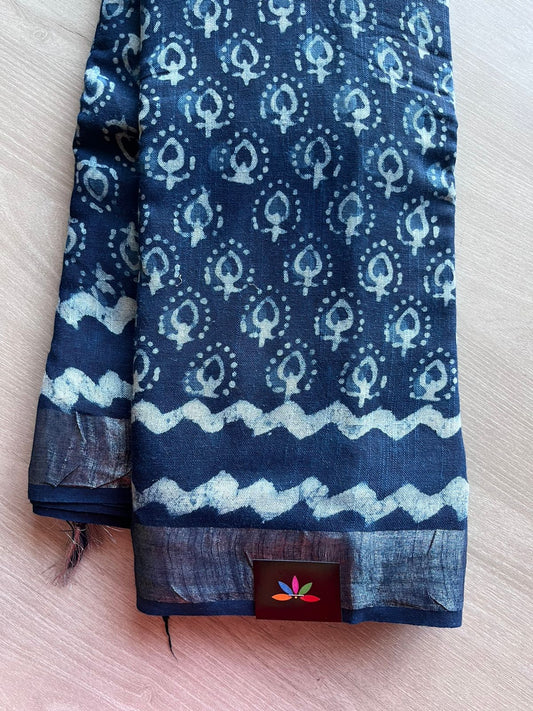 Handblock Printed Linen Cotton Saree-11185-11186