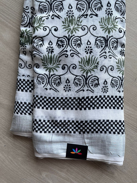 Handblock Printed Linen Cotton Saree-11203-11204