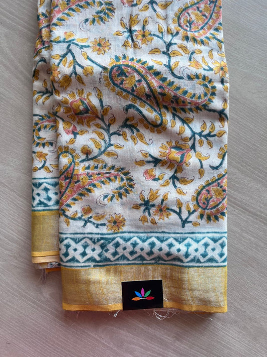 Handblock Printed Linen Cotton Saree-11257-11258