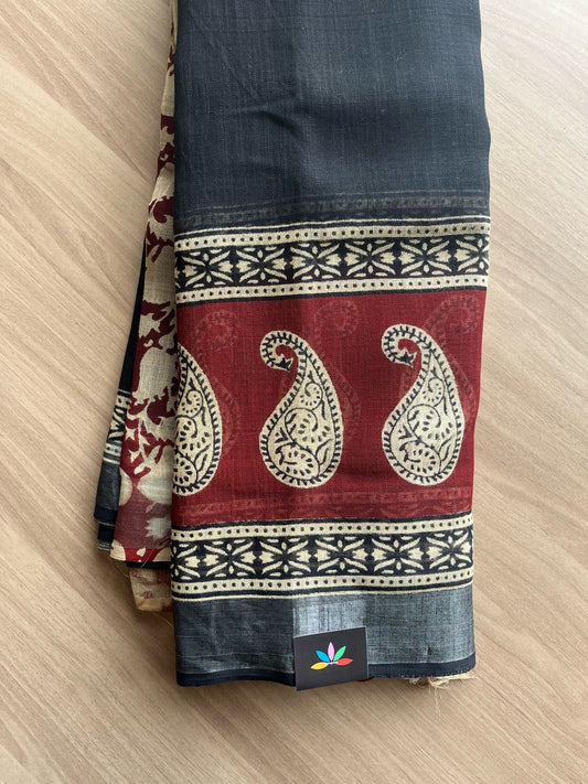 Handblock Printed Linen Cotton Saree-22265-22267