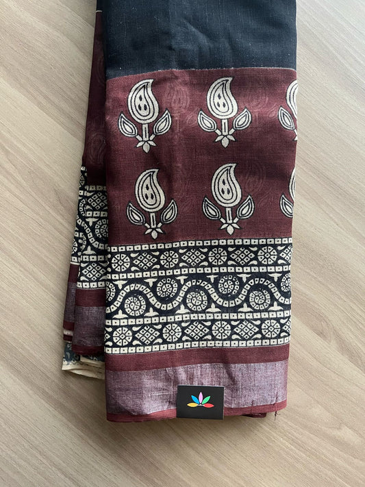 Handblock Printed Linen Cotton Saree-22278-22279