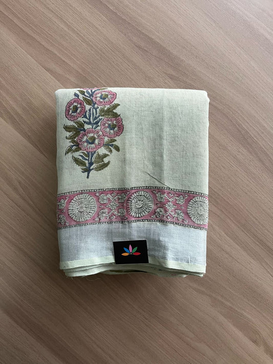 Handblock Printed Linen Cotton Saree-22282