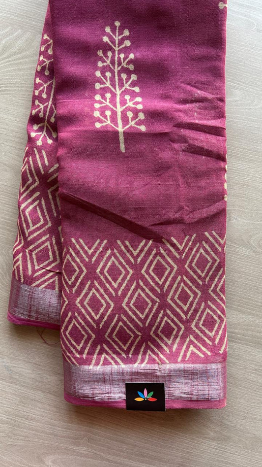 Handblock Printed Linen Cotton Saree-25173-25174