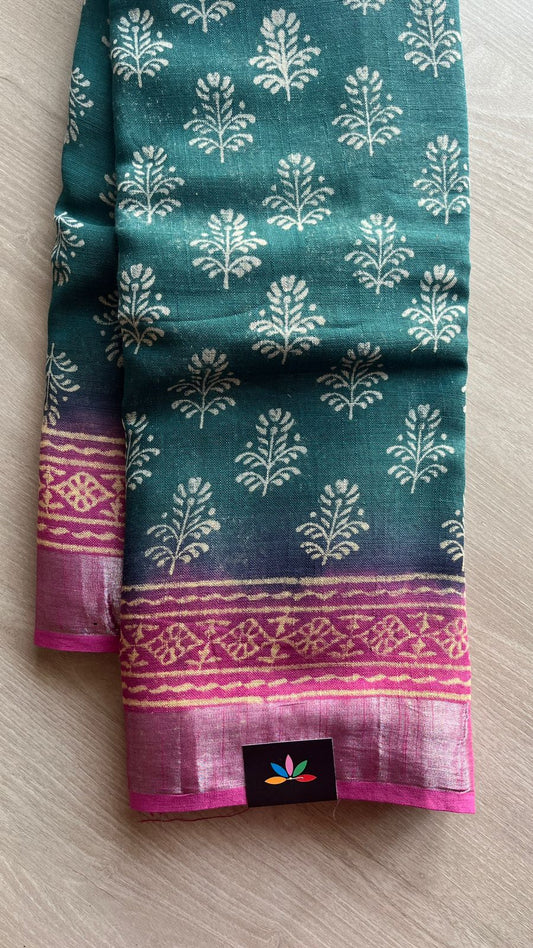 Handblock Printed Linen Cotton Saree-25179-25180