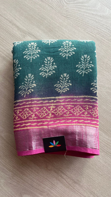 Handblock Printed Linen Cotton Saree-25179-25180