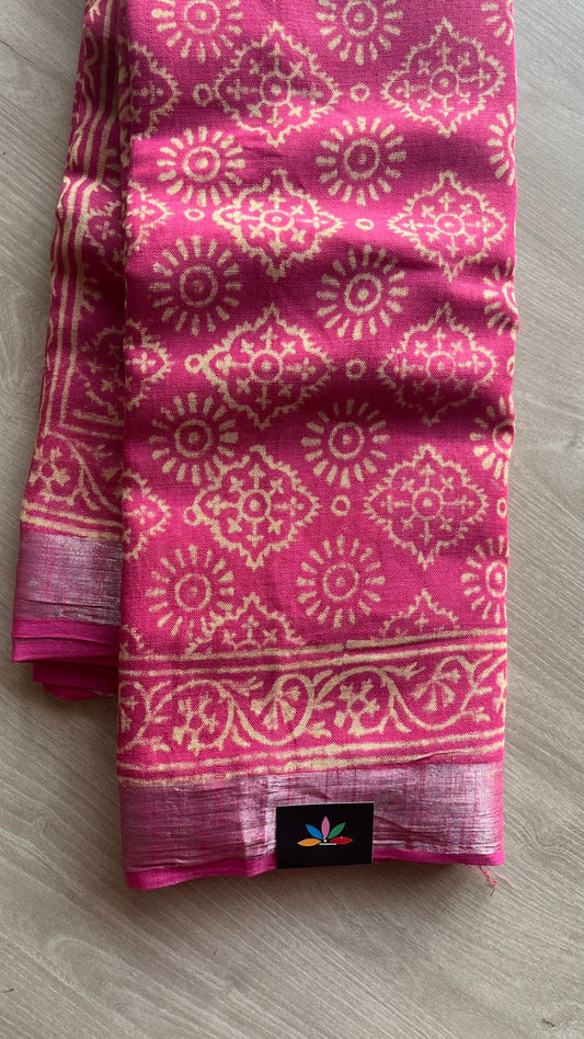 Handblock Printed Linen Cotton Saree-25181-25182