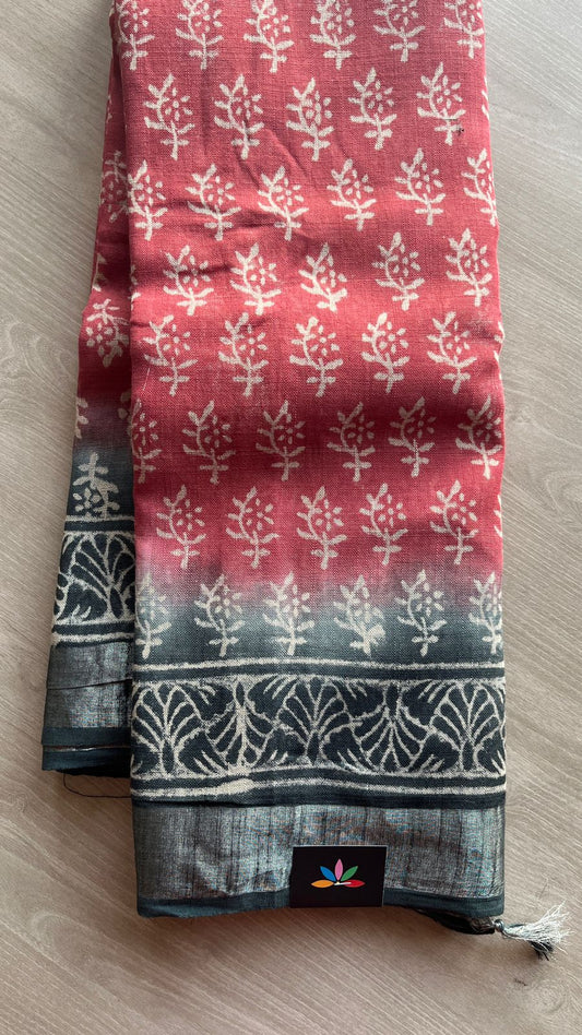 Handblock Printed Linen Cotton Saree-25183-25184