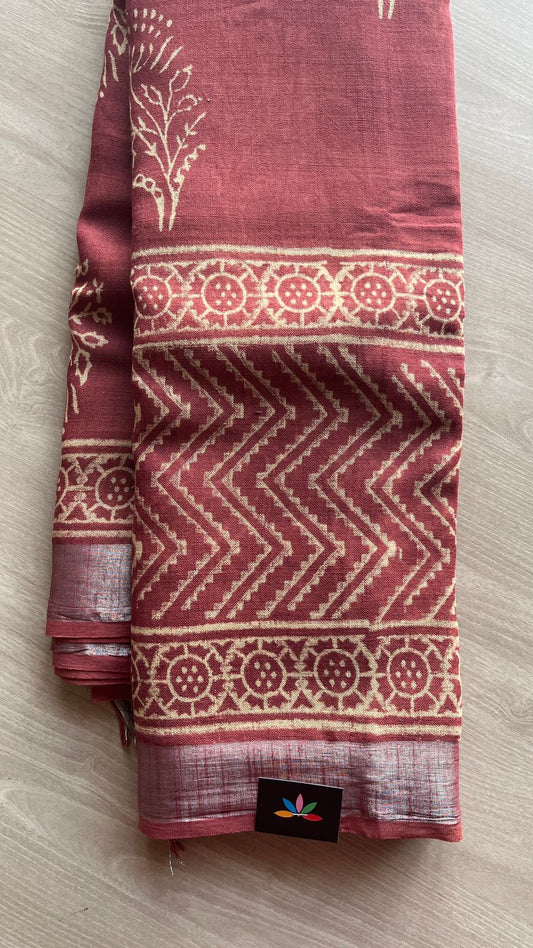 Handblock Printed Linen Cotton Saree-25193-25194