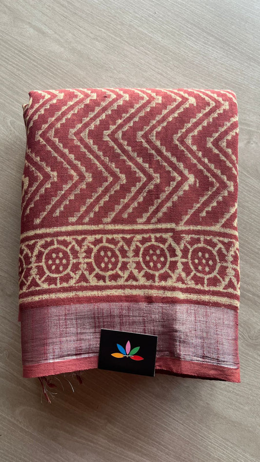 Handblock Printed Linen Cotton Saree-25193-25194