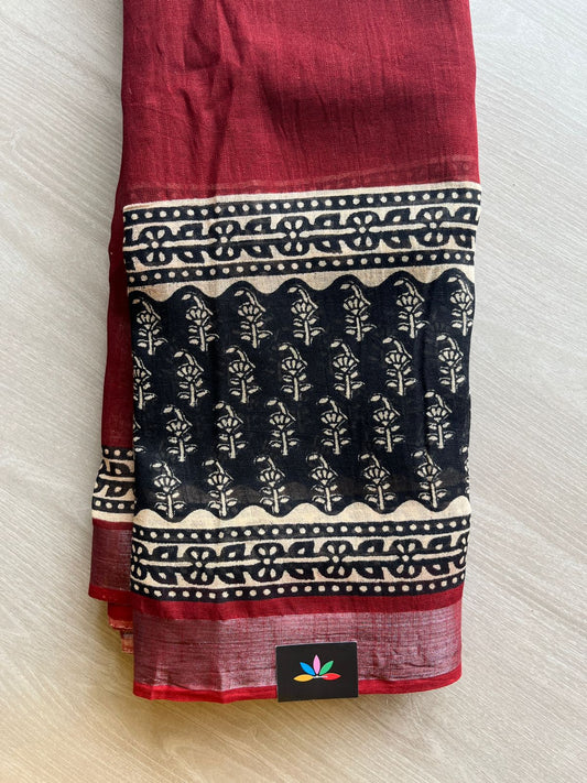 Maroon Handblock Printed Linen Cotton Saree - 30671-30672