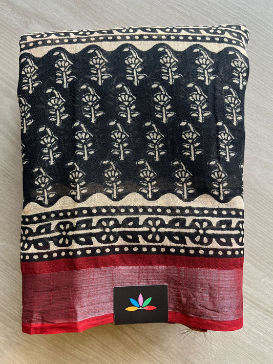 Maroon Handblock Printed Linen Cotton Saree - 30671-30672