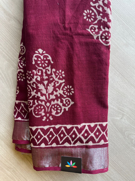 Maroon Handblock Printed Linen Cotton Saree - 30673-30674