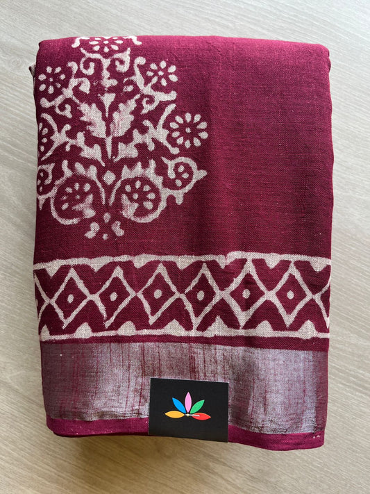 Maroon Handblock Printed Linen Cotton Saree - 30673-30674