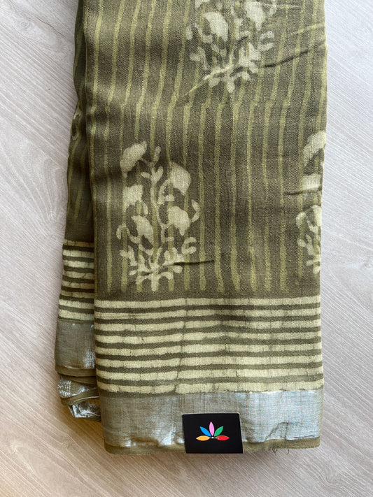 Olive Green Handblock Printed Linen Cotton Saree - 30677-30678