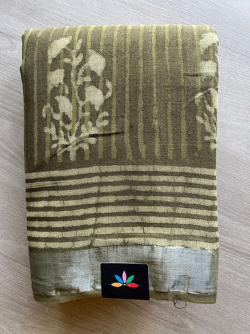 Olive Green Handblock Printed Linen Cotton Saree - 30677-30678