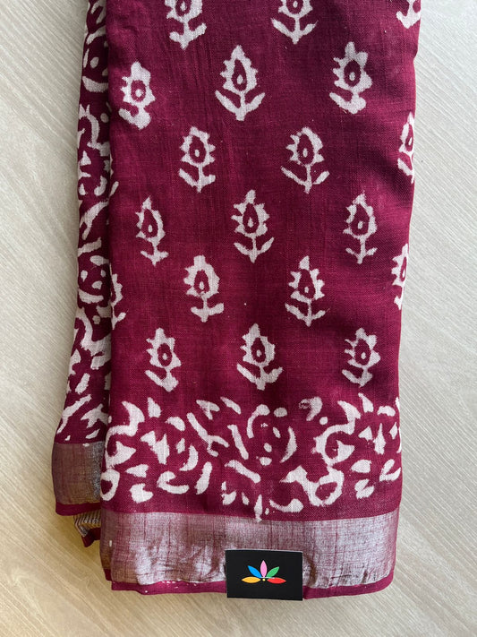 Maroon Handblock Printed Linen Cotton Saree - 30679-30680