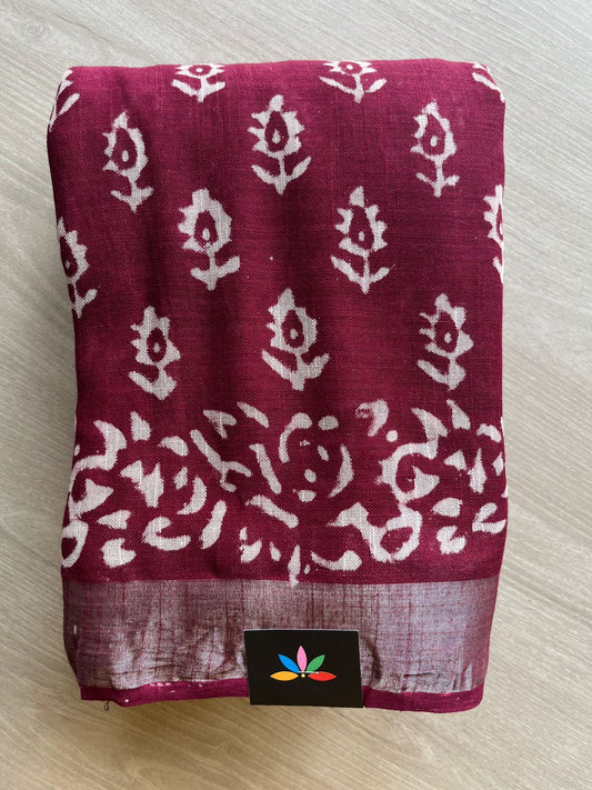 Maroon Handblock Printed Linen Cotton Saree - 30679-30680