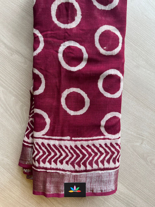 Handblock Printed Linen Cotton Saree - 30683-30684