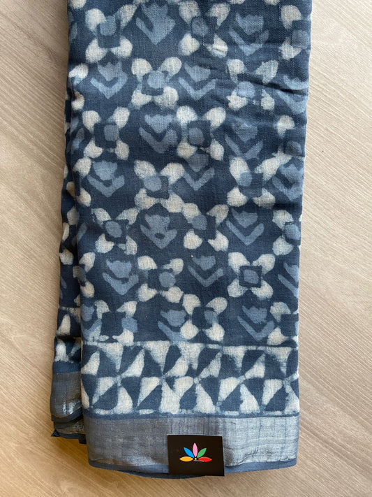 Steel Gray Handblock Printed Linen Cotton Saree - 30689-30690