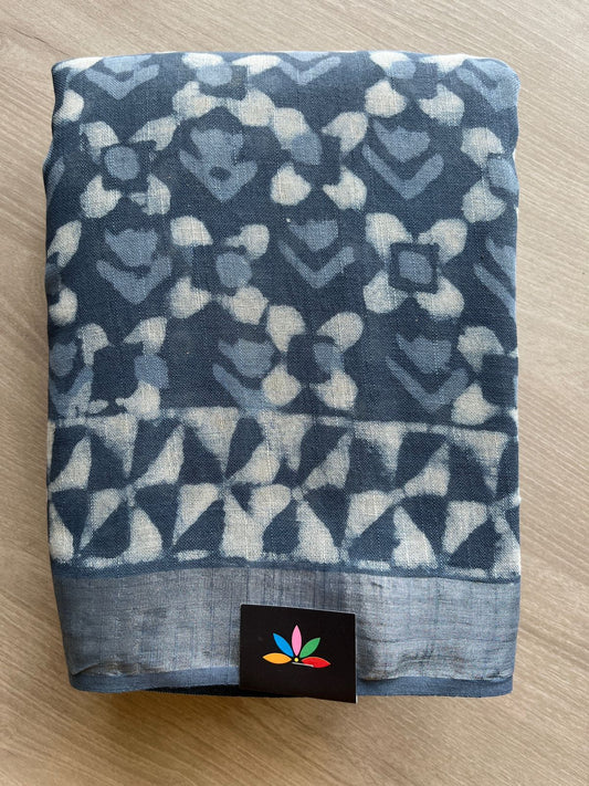 Steel Gray Handblock Printed Linen Cotton Saree - 30689-30690