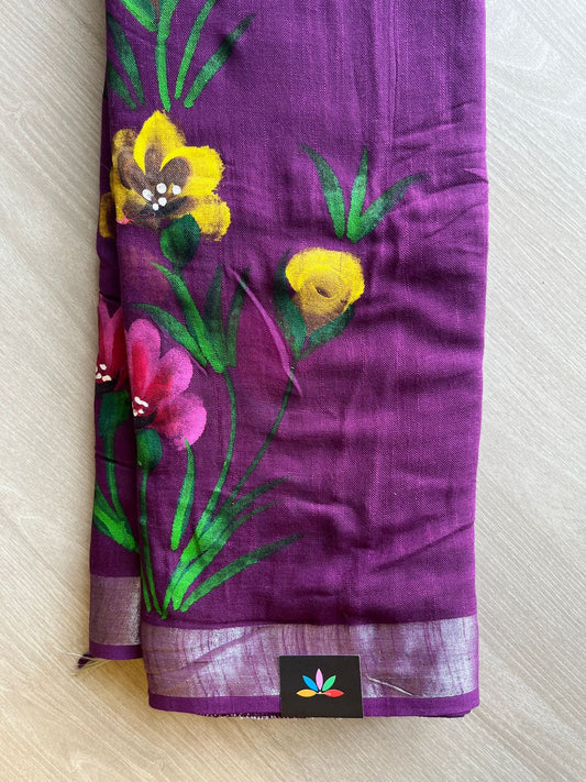 Purple Handblock Printed Linen Cotton Saree - 30697-30698