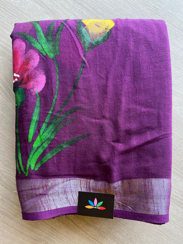 Purple Handblock Printed Linen Cotton Saree - 30697-30698