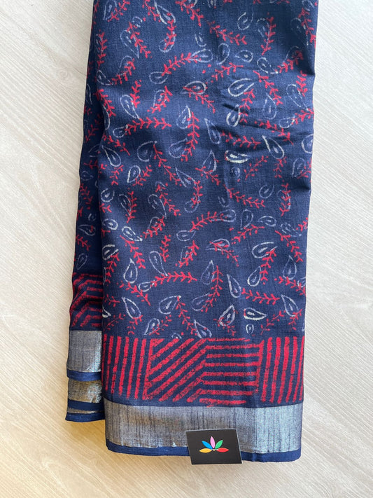 Dark Navy Handblock Printed Linen Cotton Saree - 30663-30664
