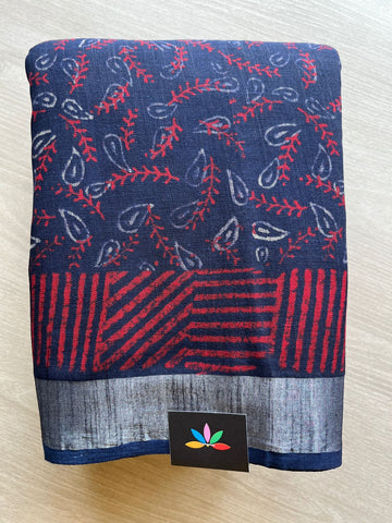 Dark Navy Handblock Printed Linen Cotton Saree - 30663-30664