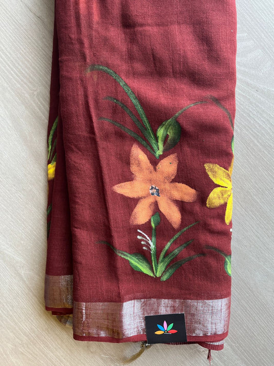 Burnt Umber Handblock Printed Linen Cotton Saree - 30653-30654