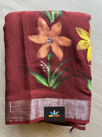 Burnt Umber Handblock Printed Linen Cotton Saree - 30653-30654