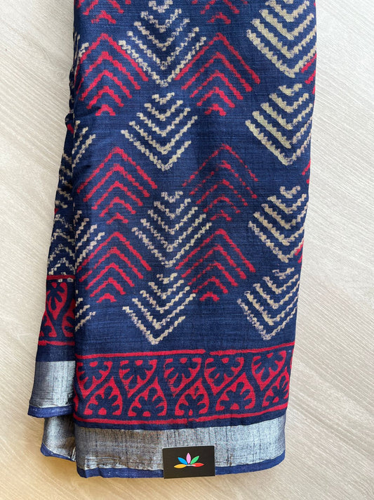Dark Navy Handblock Printed Linen Cotton Saree - 30655-30656