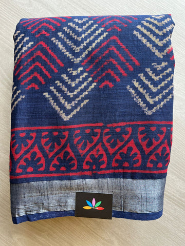 Dark Navy Handblock Printed Linen Cotton Saree - 30655-30656