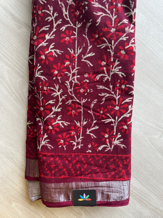 Reddish Maroon Handblock Printed Linen Cotton Saree - 30657-30658