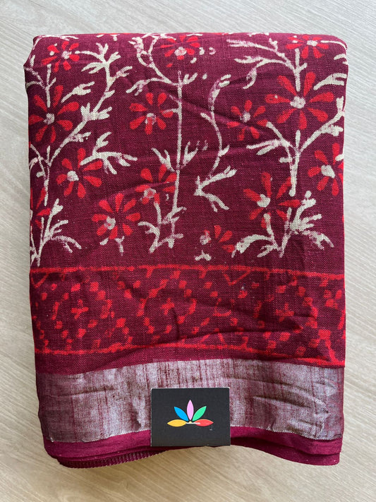 Reddish Maroon Handblock Printed Linen Cotton Saree - 30657-30658