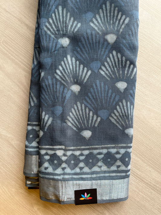 Steel Gray Handblock Printed Linen Cotton Saree - 30667-30668