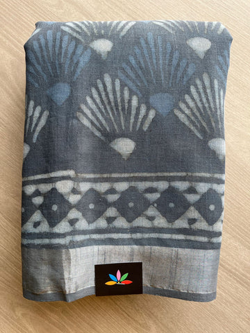 Steel Gray Handblock Printed Linen Cotton Saree - 30667-30668