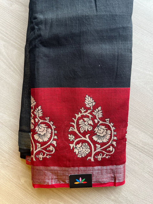 Deep Black Handblock Printed Linen Cotton Saree - 30704