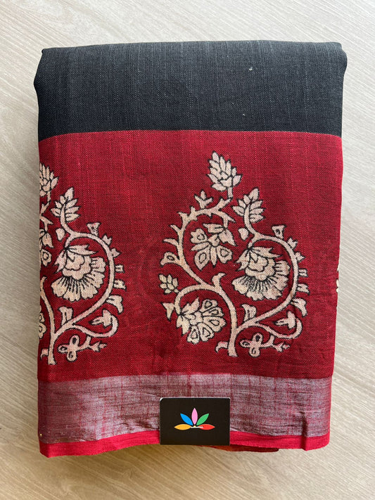 Deep Black Handblock Printed Linen Cotton Saree - 30704