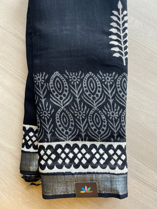 Black Handblock Printed Linen Cotton Saree - 30705