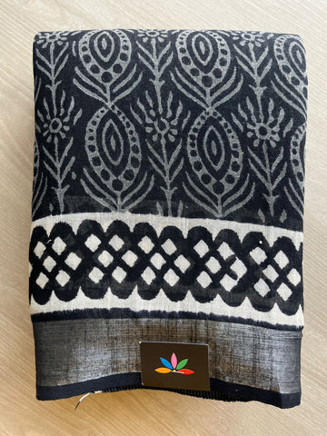 Black Handblock Printed Linen Cotton Saree - 30705