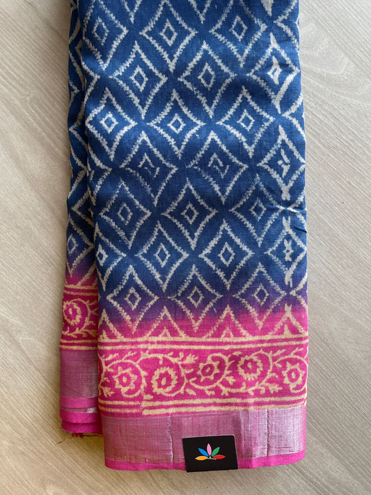 Yale Blue Handblock Printed Linen Cotton Saree - 30708