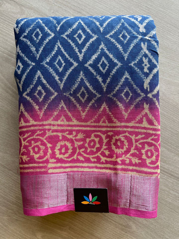 Yale Blue Handblock Printed Linen Cotton Saree - 30708