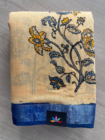 Handblock Printed Linen Cotton Saree - 33508-33509