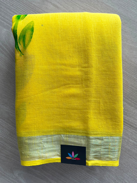 Bright Yellow Handblock Printed Linen Cotton Saree - 33510-33511