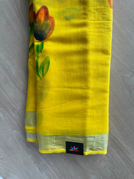 Bright Yellow Handblock Printed Linen Cotton Saree - 33510-33511