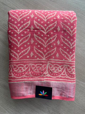 Handblock Printed Linen Cotton Saree - 33514-33515