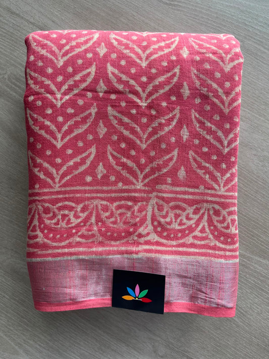 Deep Rose Handblock Printed Linen Cotton Saree - 33514-33515