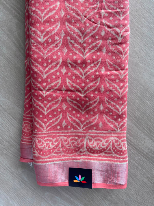 Deep Rose Handblock Printed Linen Cotton Saree - 33514-33515