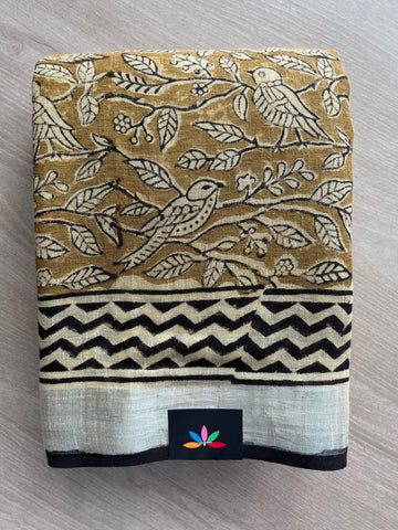 Handblock Printed Linen Cotton Saree - 33516-33517